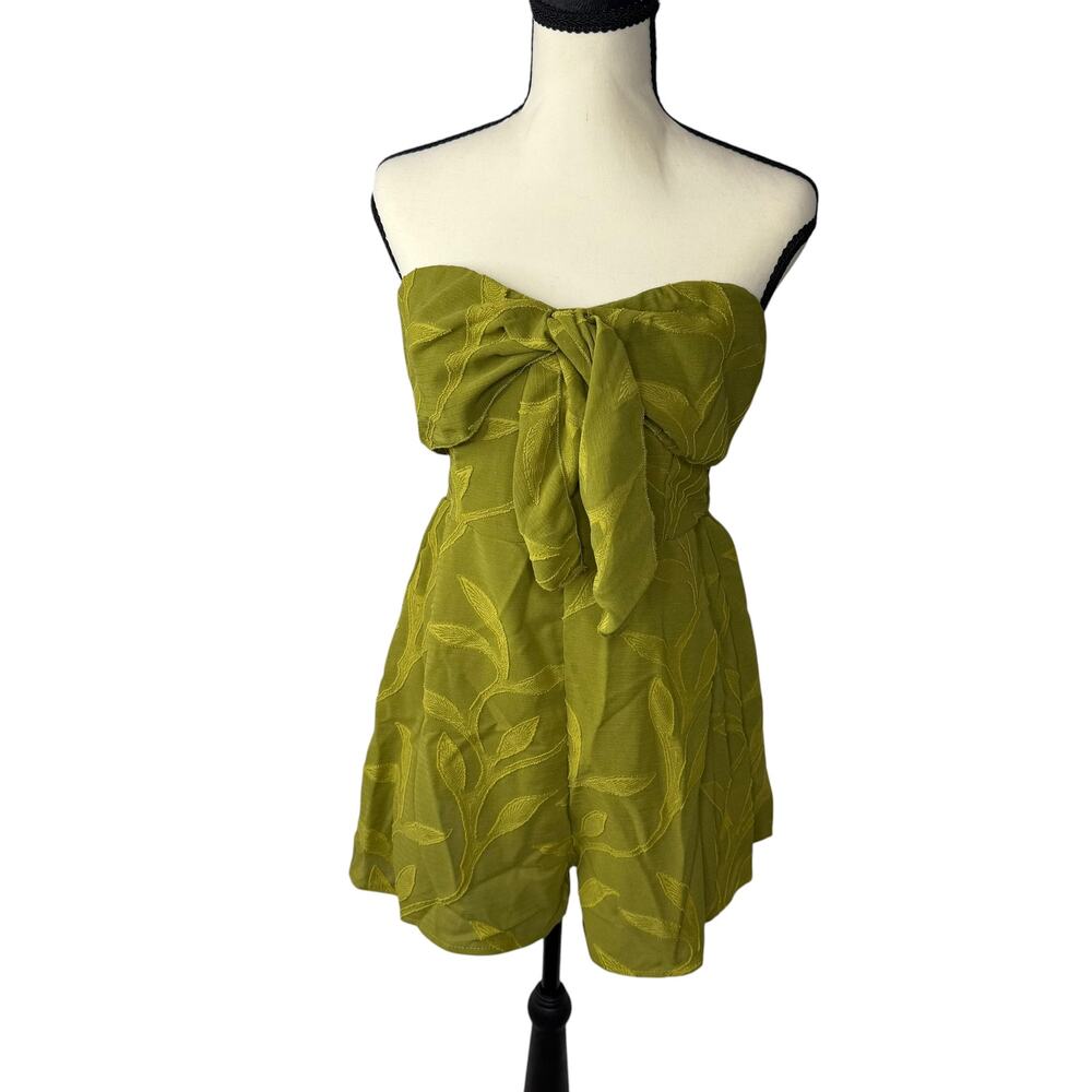 Olive Green Strapless Romper Bow Front Floral Textured Playsuit